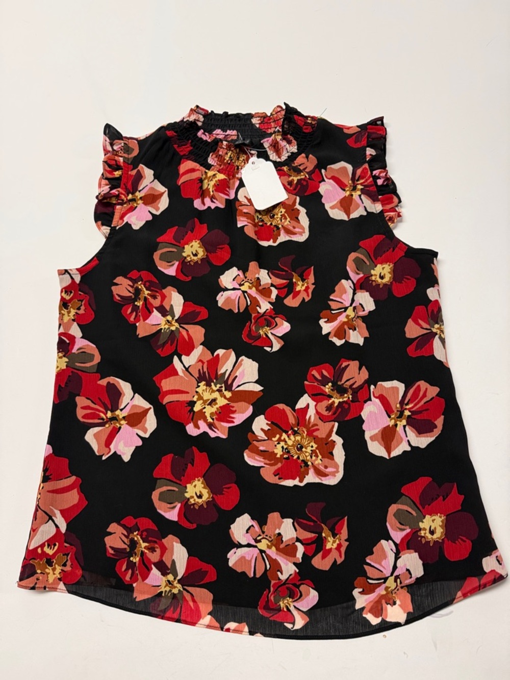 J. Crew Black Floral Ruffle Mock Neck Sleeveless Top